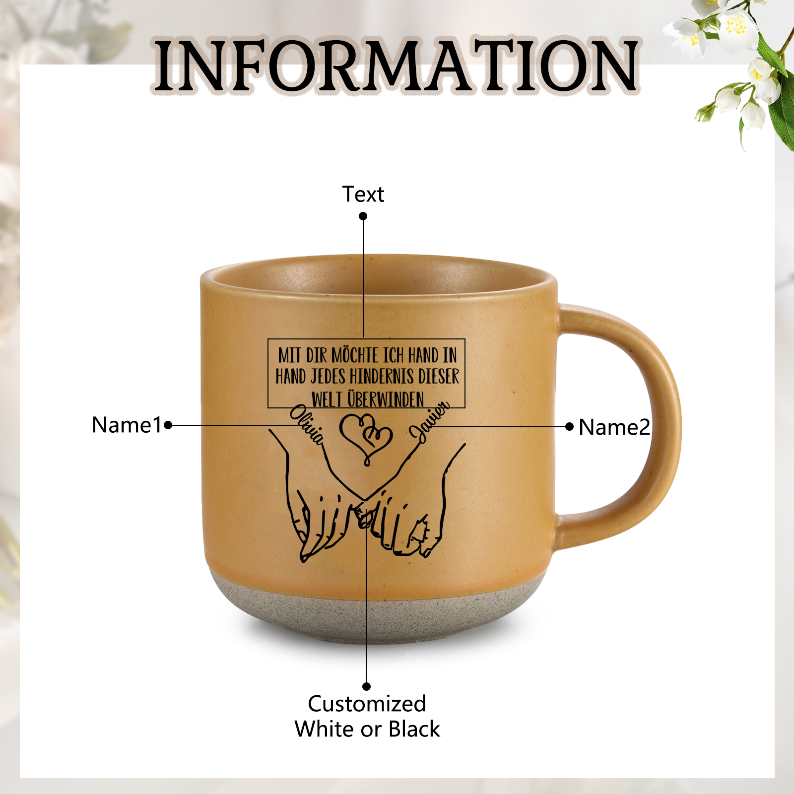Personalisierte 2 Name & Text Hand-in-Hand Keramik Mark-Tasse mit schwarzer/ weißer Schrift– Einzigartiges Geschenk für Paar