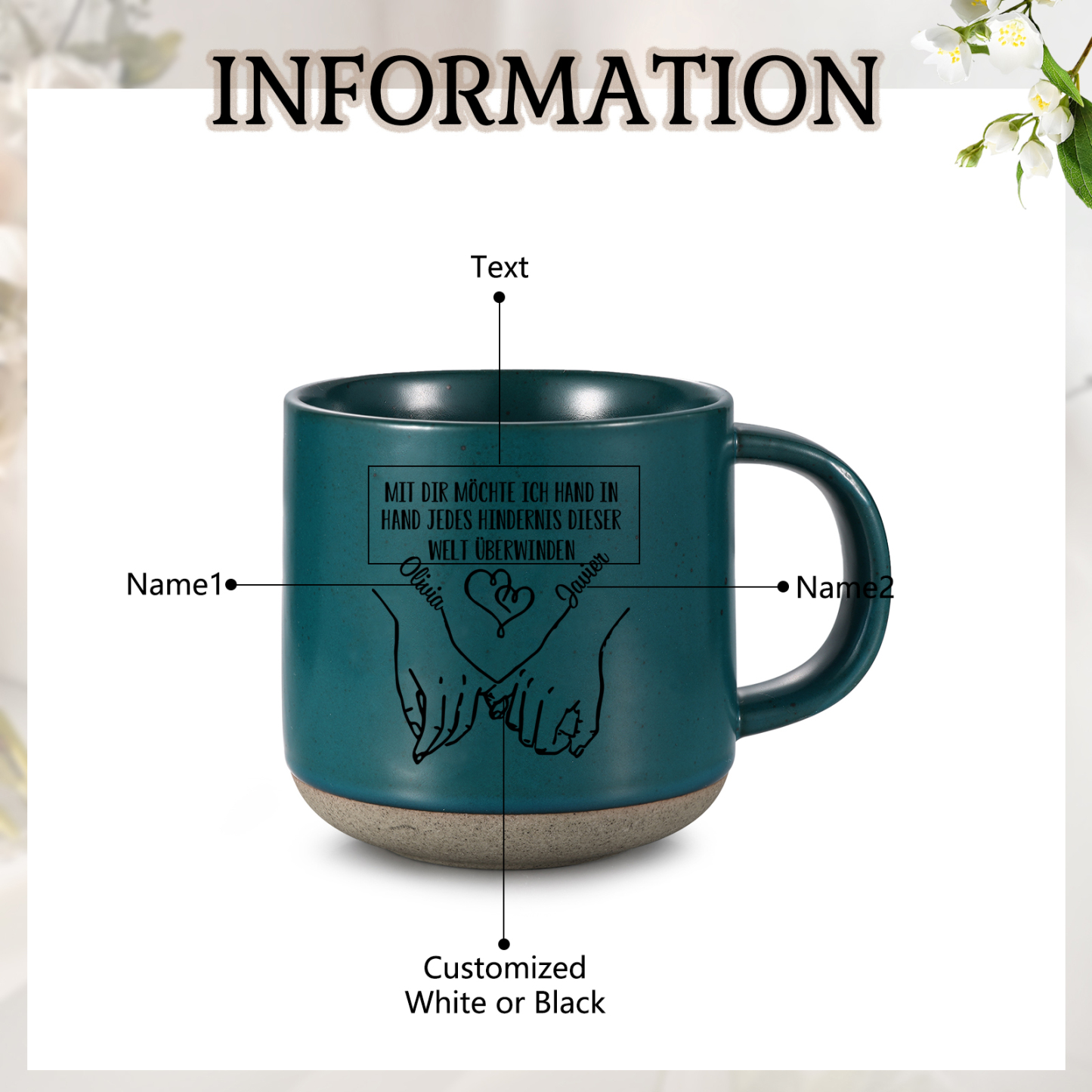 Personalisierte 2 Name & Text Hand-in-Hand Keramik Mark-Tasse mit schwarzer/ weißer Schrift– Einzigartiges Geschenk für Paar
