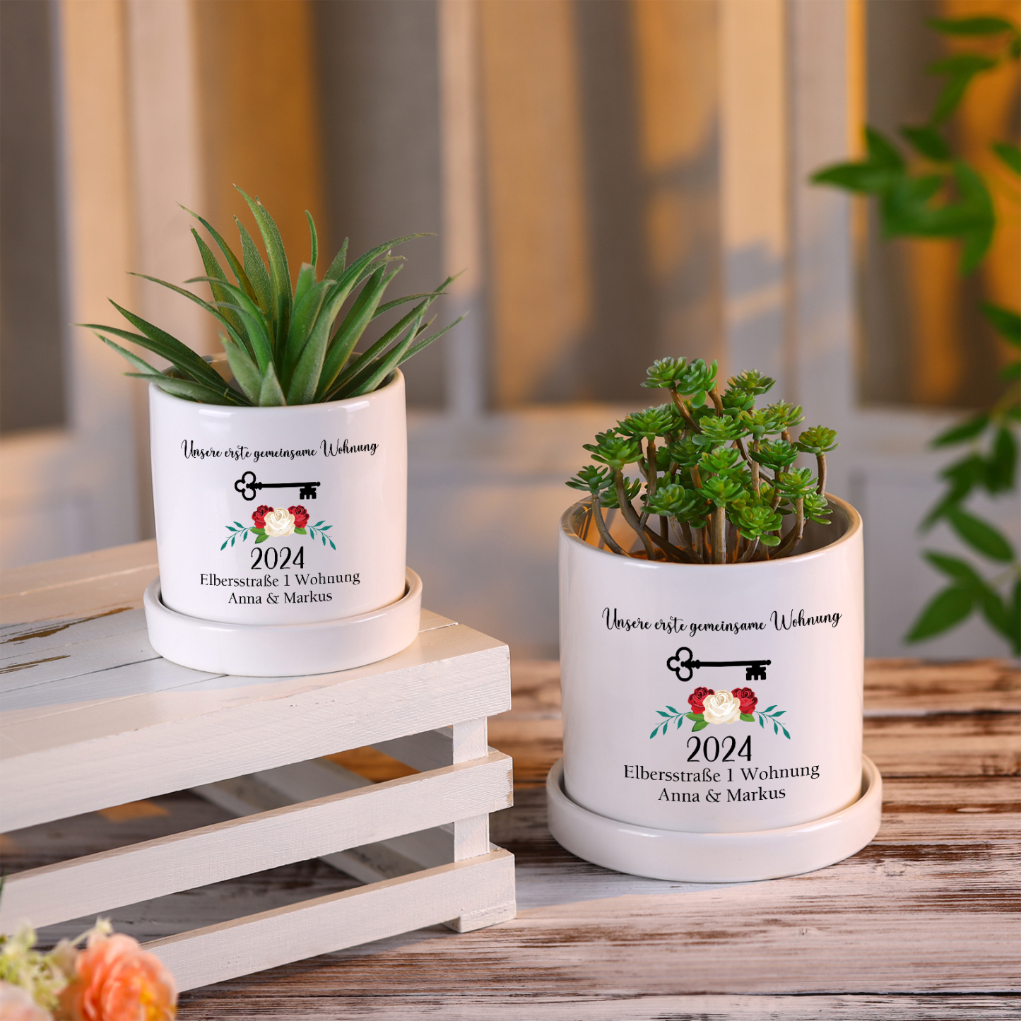 Personalisierbare 2 Texte & Jahr Liebespaar Blumentopf Einweihungsgeschenk Geschenk für ein neues Zuhause