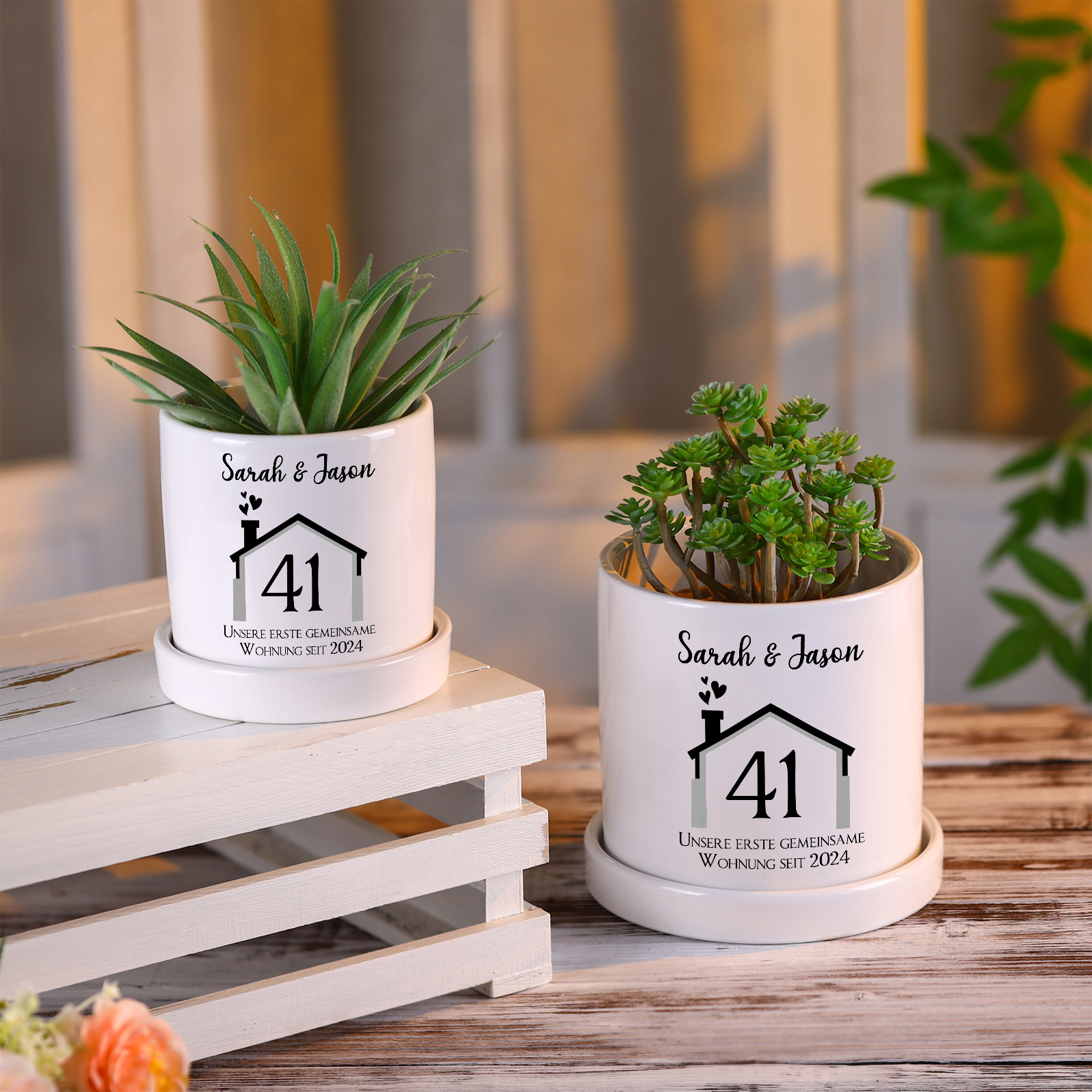 Personalisierbare Nummer & 2 Texte Liebespaar Blumentopf Einweihungsgeschenk Geschenk für ein neues Zuhause