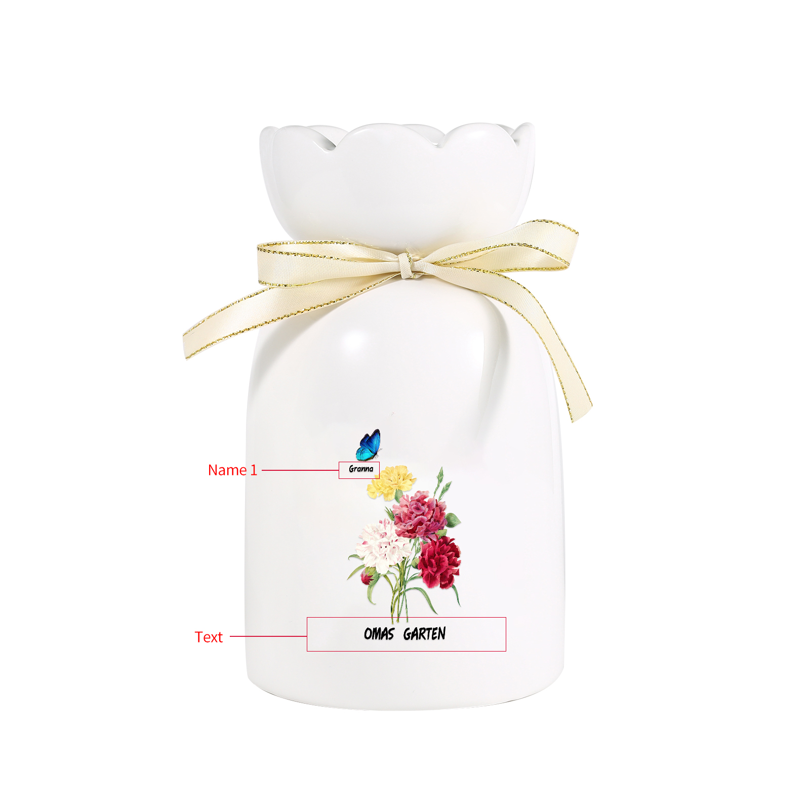 Personalisierter 1 Name & Text Blumen & Schmetterling Familie Vase