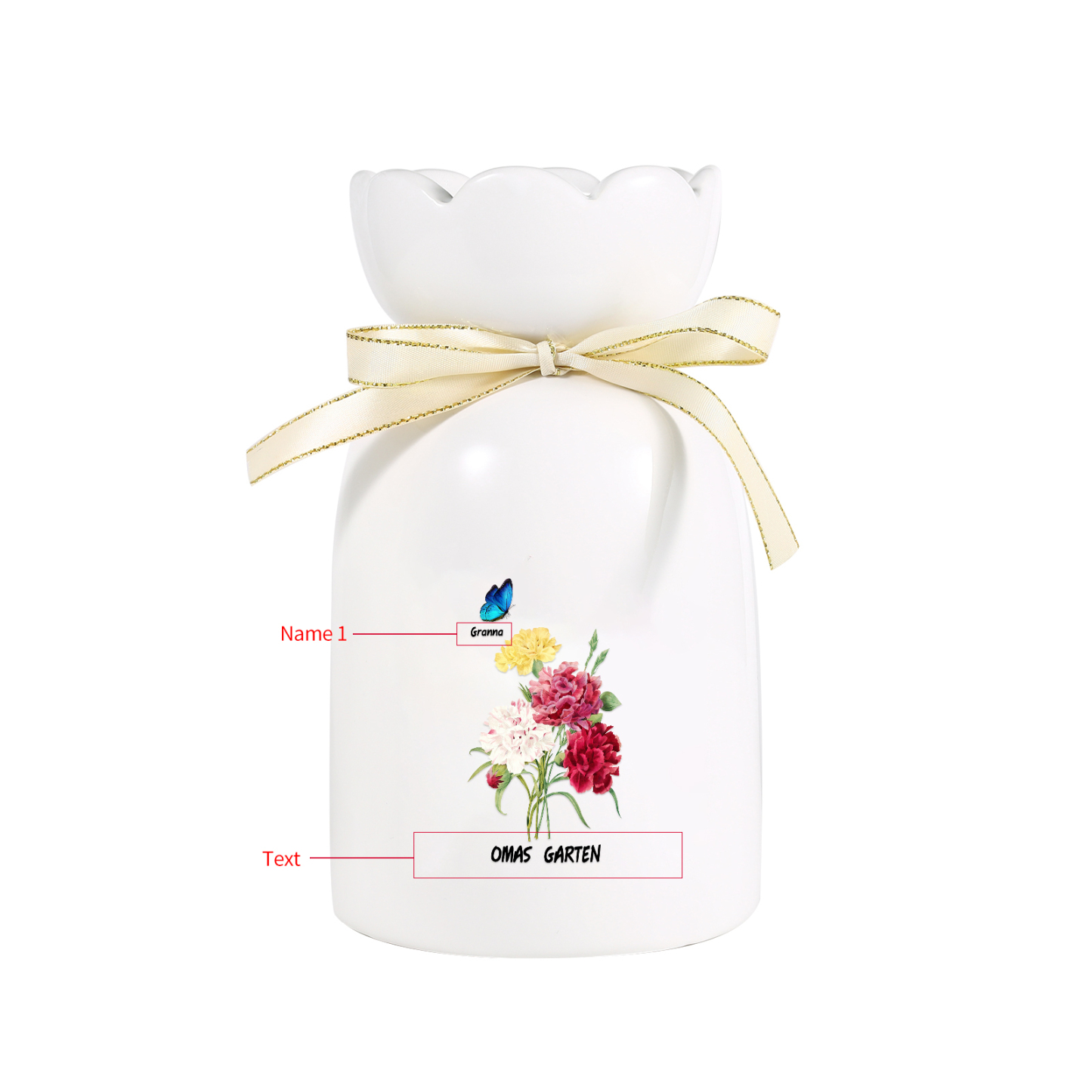 Personalisierter 1 Name & Text Blumen & Schmetterling Familie Vase
