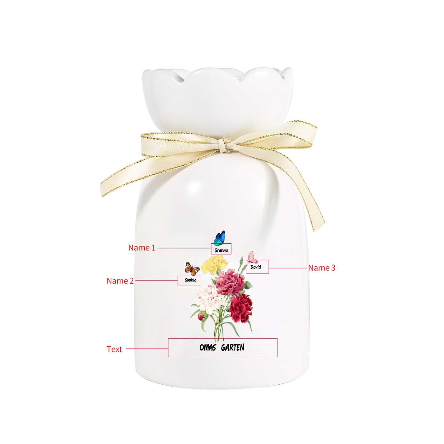 Personalisierte 3 Namen & Text Blumen & Schmetterling Familie Vase Geschenk für Oma Großmutter