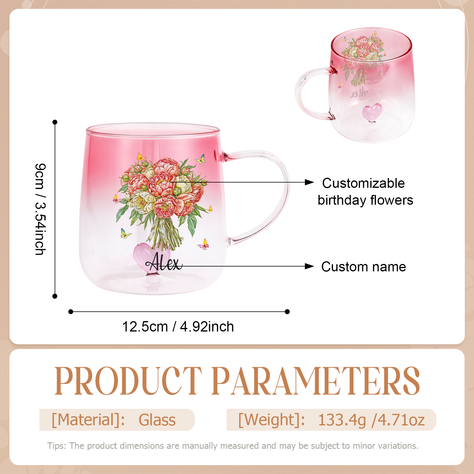 Glastasse in Farbverlauf in Rosa mit Geburtsblume und personalisiertem Namen