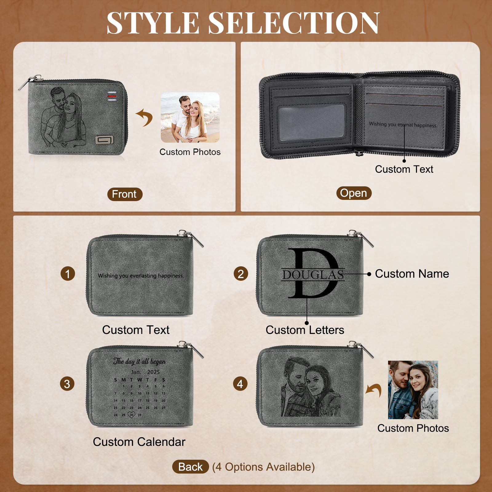 Personalisierte Herren Geldbörse aus PU‑Leder mit Reißverschluss – mit Foto, Kalender oder Namen