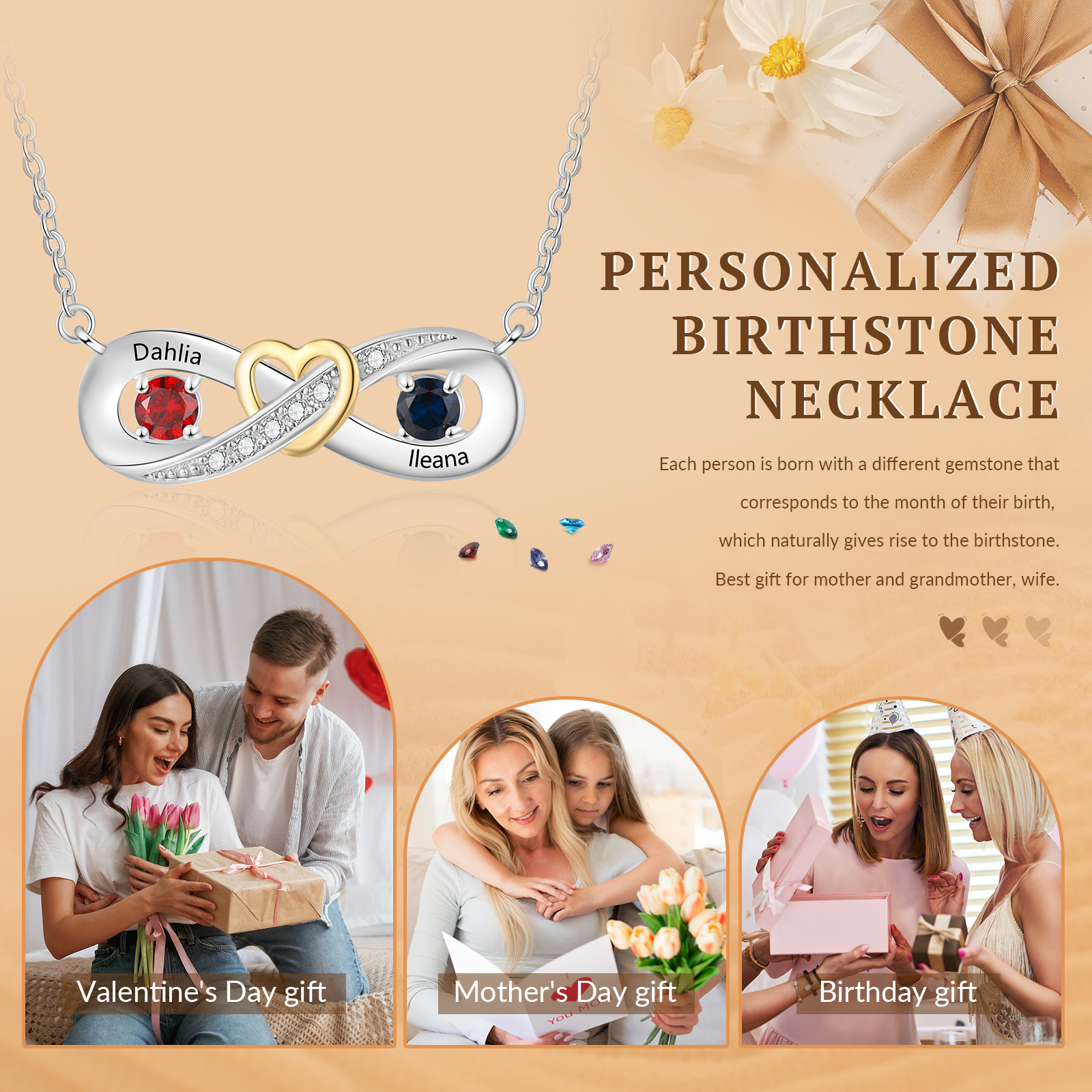 Personalisierte Unendlichkeitskette aus 925er Silber mit Herz & Geburtssteinen