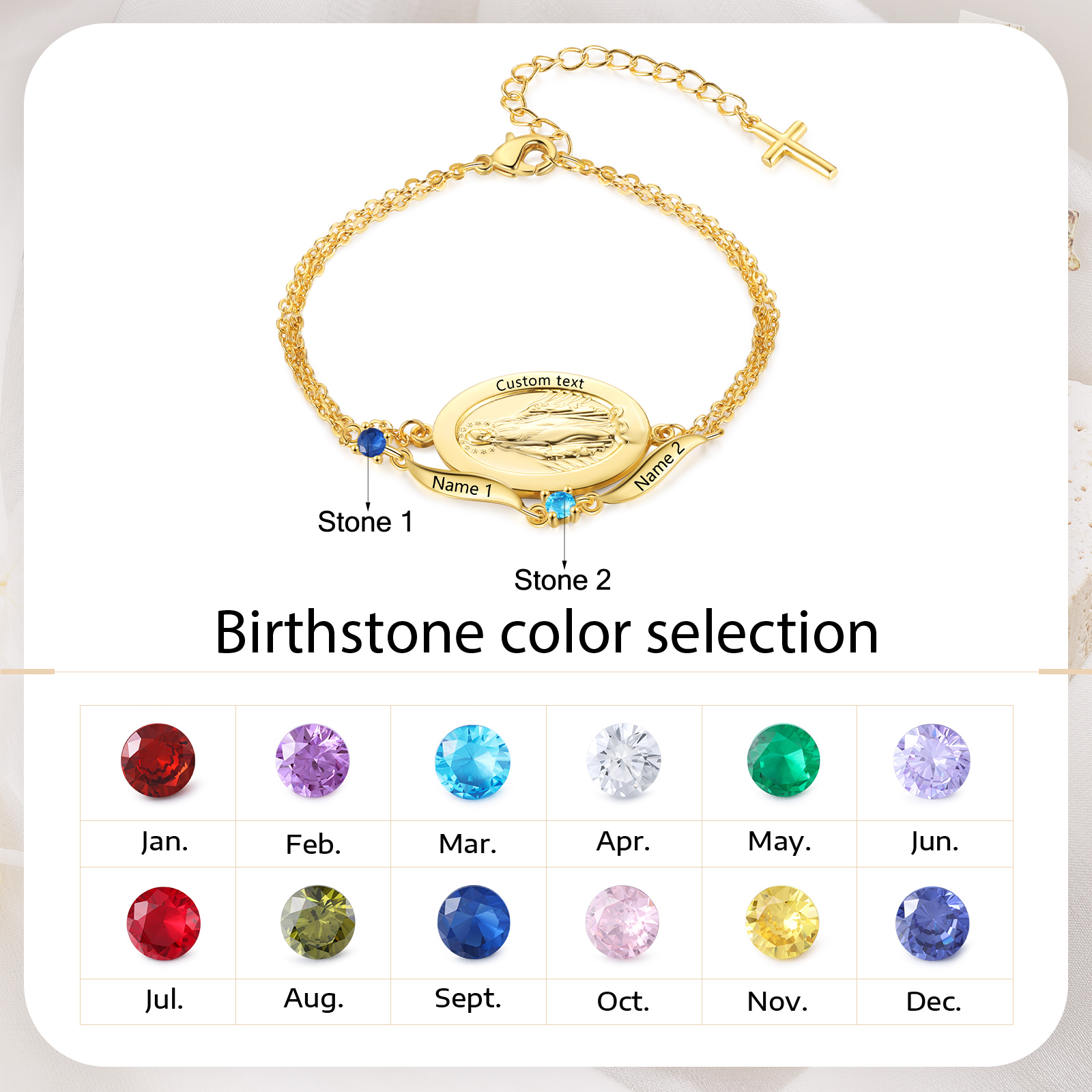 Maria-Kreuzarmband mit Namen & Geburtsstein