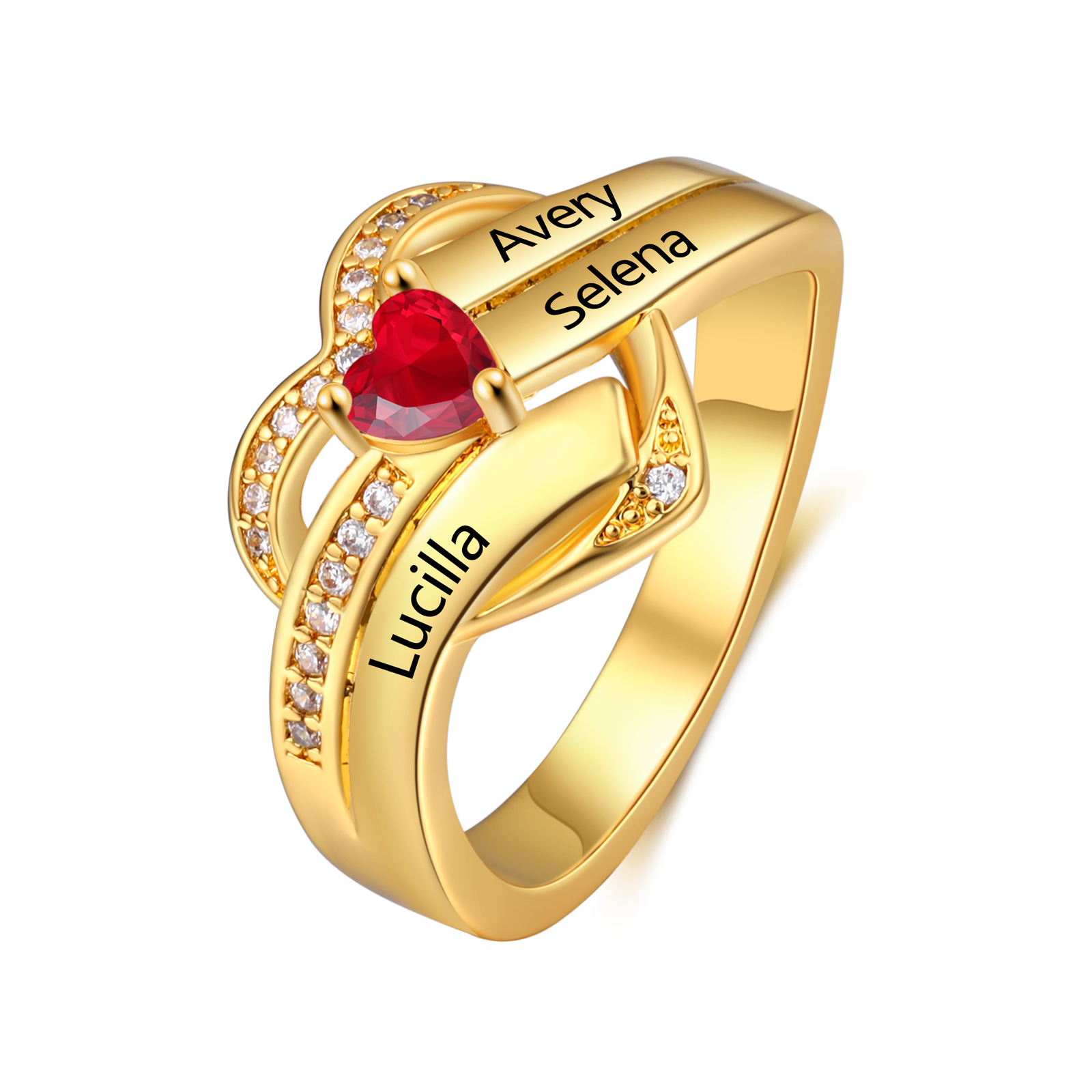 Personalisierter Herzring mit Herz-Geburtsstein – bis zu 4 Namen gravierbar, Geschenk für Frauen
