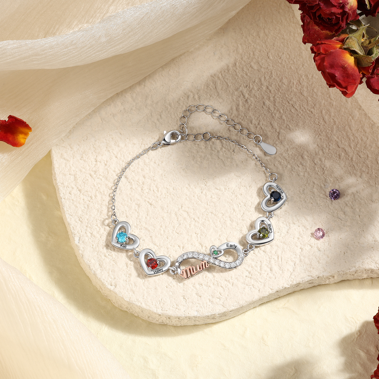 Personalisiertes Infinity-Herz Armband mit Geburtssteinen für Mama mit 2–6 Namen personalisiert