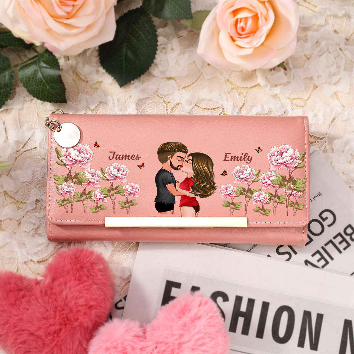 Personalisierte Damenbrieftasche mit Illustration und Vornamen – Liebesgeschenk für Sie