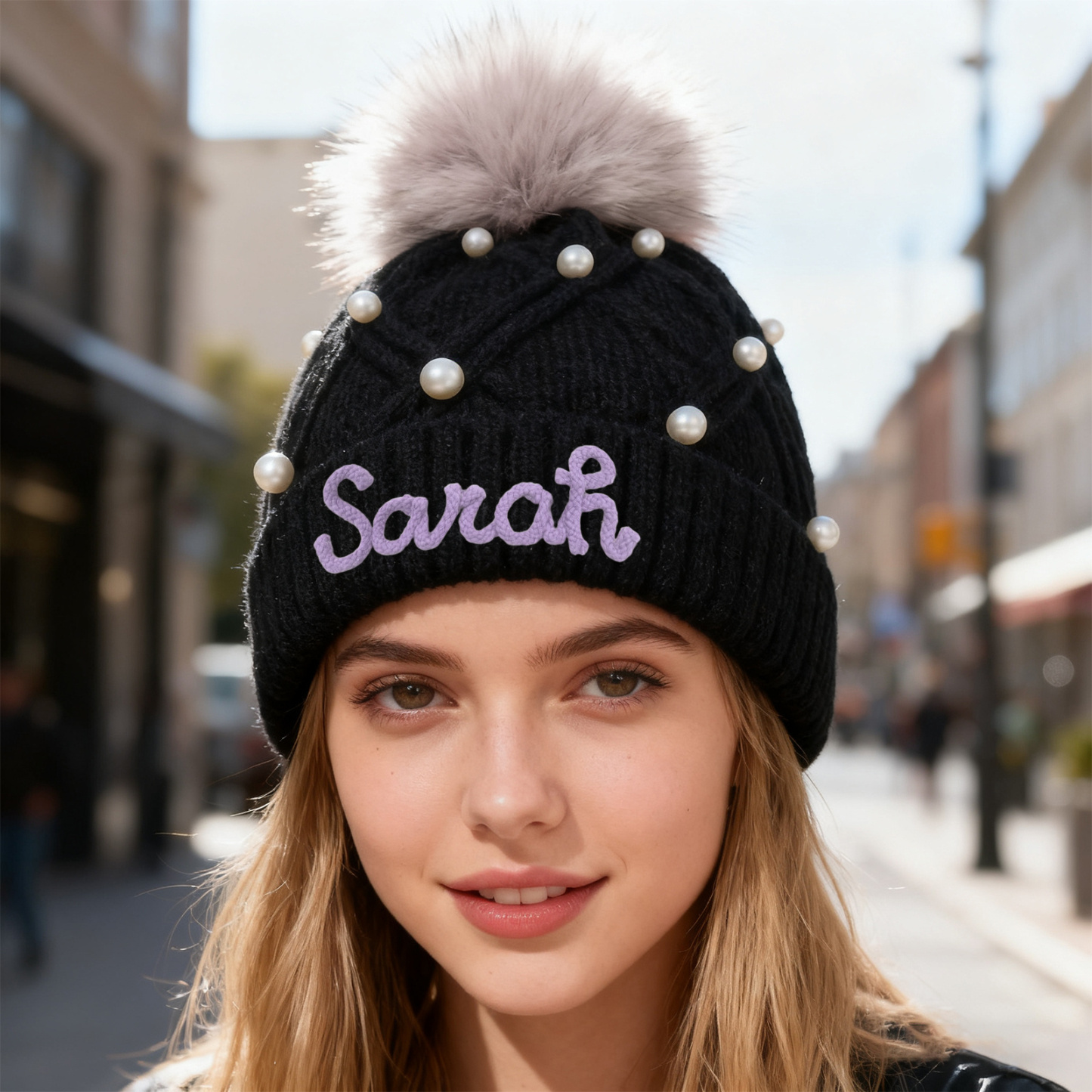 Personalisierte Weihnachten Perlen-Strickmütze Pompons mit Fellbommel für Damen