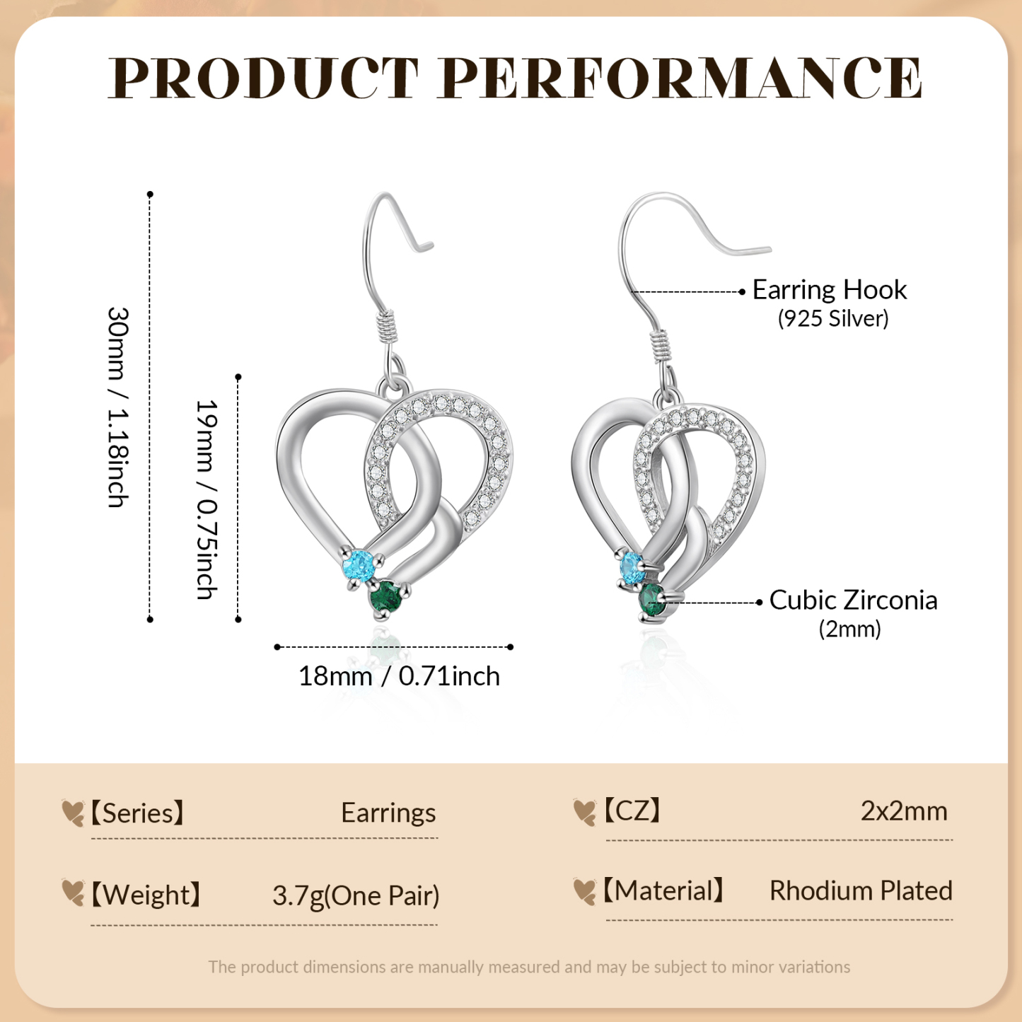 Personalisierte Geburtsstein Ohrringe mit ineinandergreifenden Herzen und 2 Geburtssteinen aus 925er Sterlingsilber