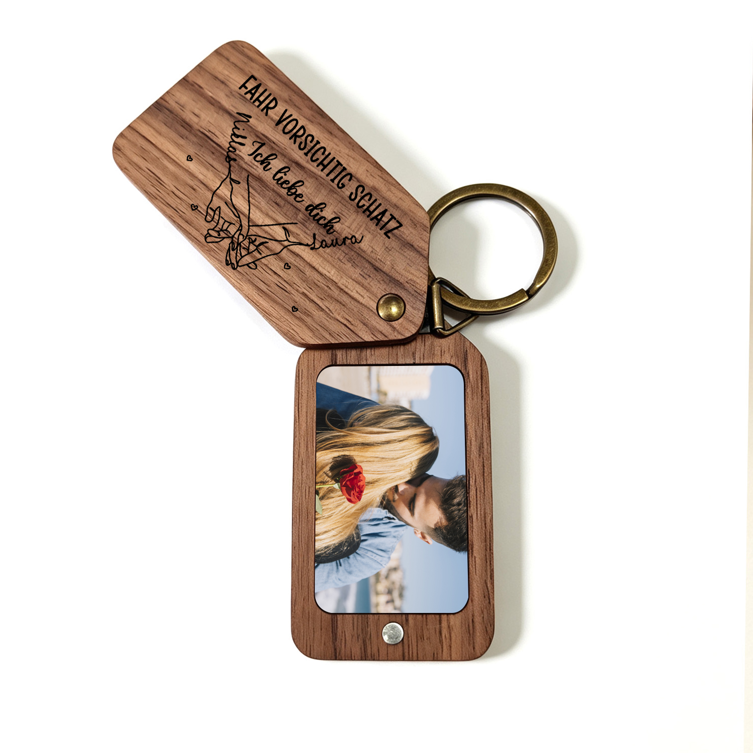 Personalisierter Foto-Schlüsselanhänger aus Holz mit zwei Fotos und zwei Namen sowie Pinky-Promise-Motiv Geschenk für deinen Partner