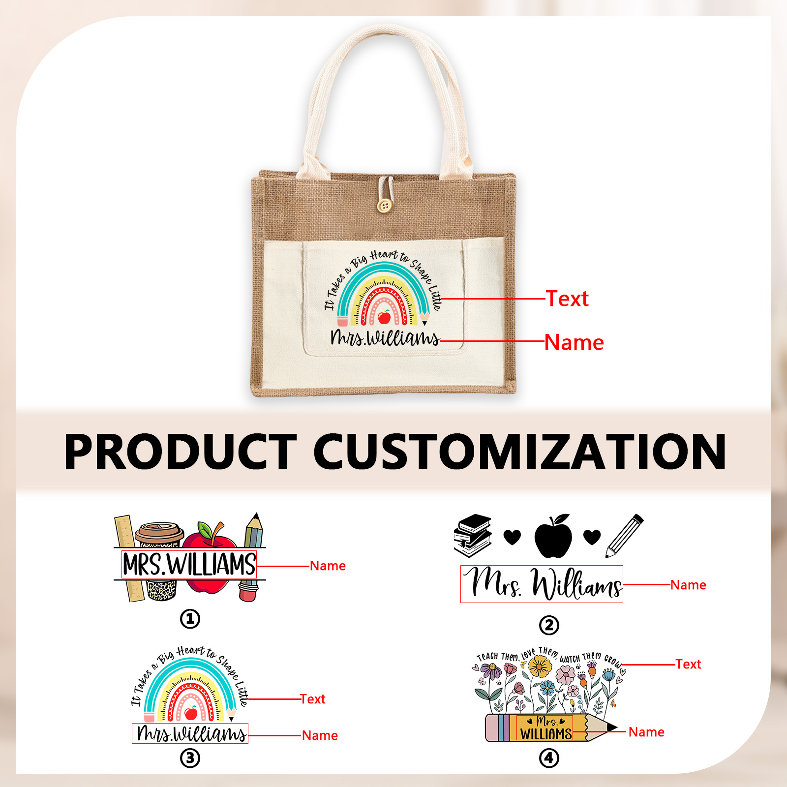 Personalisiertes Lehrer-Geschenk: Jutetasche mit Name & Motiv aus Jute-Canvas