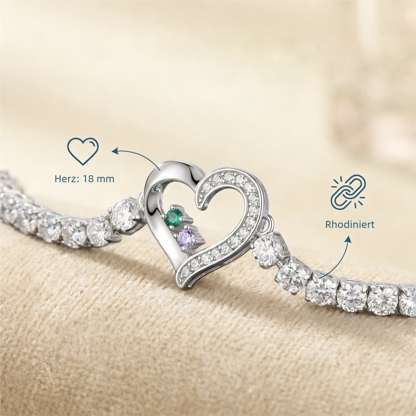 Personalisierbares Tennisarmband mit 2-4 Namen, Herz und Geburtssteinen