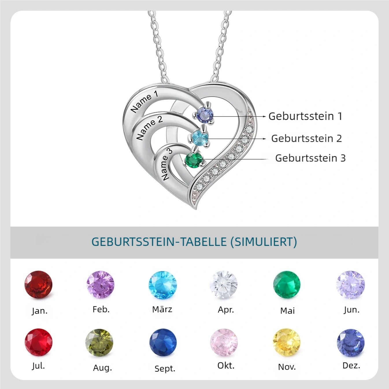 925 Sterling Silber Personalisierte 3 Namen Herz Halskette mit 3 Geburtssteinen