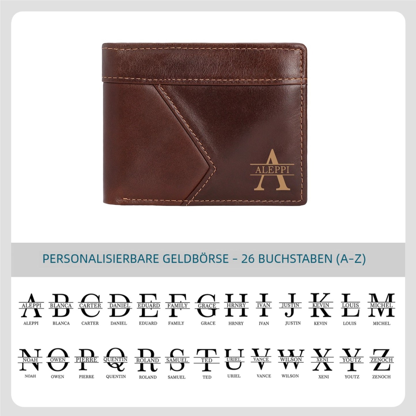 Herren Geldbeutel-Personalisierter 1 Name & Buchstabe Schwarz/ Braun Echtleder Geldbörse mit RFID-Schutz