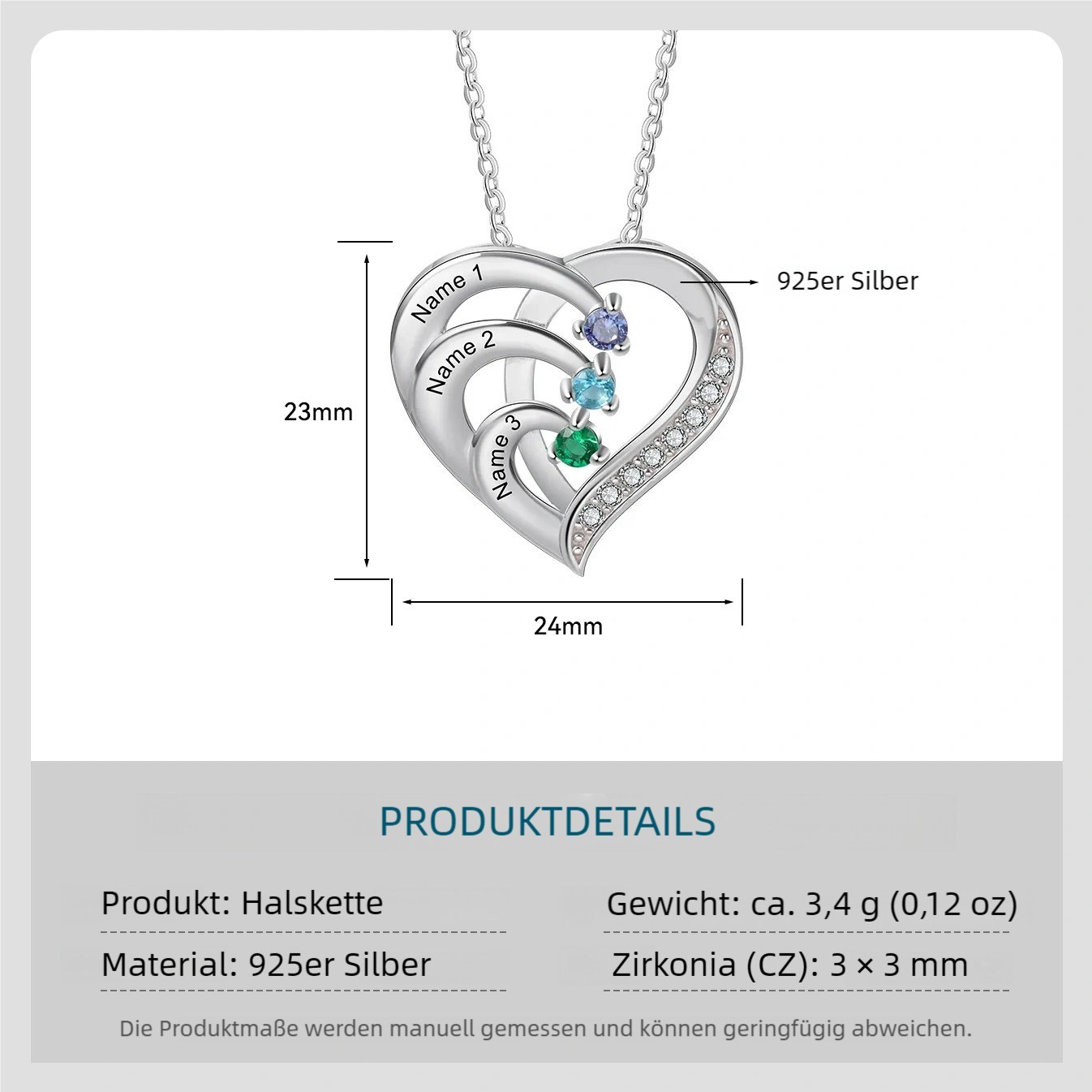 925 Sterling Silber Personalisierte 3 Namen Herz Halskette mit 3 Geburtssteinen