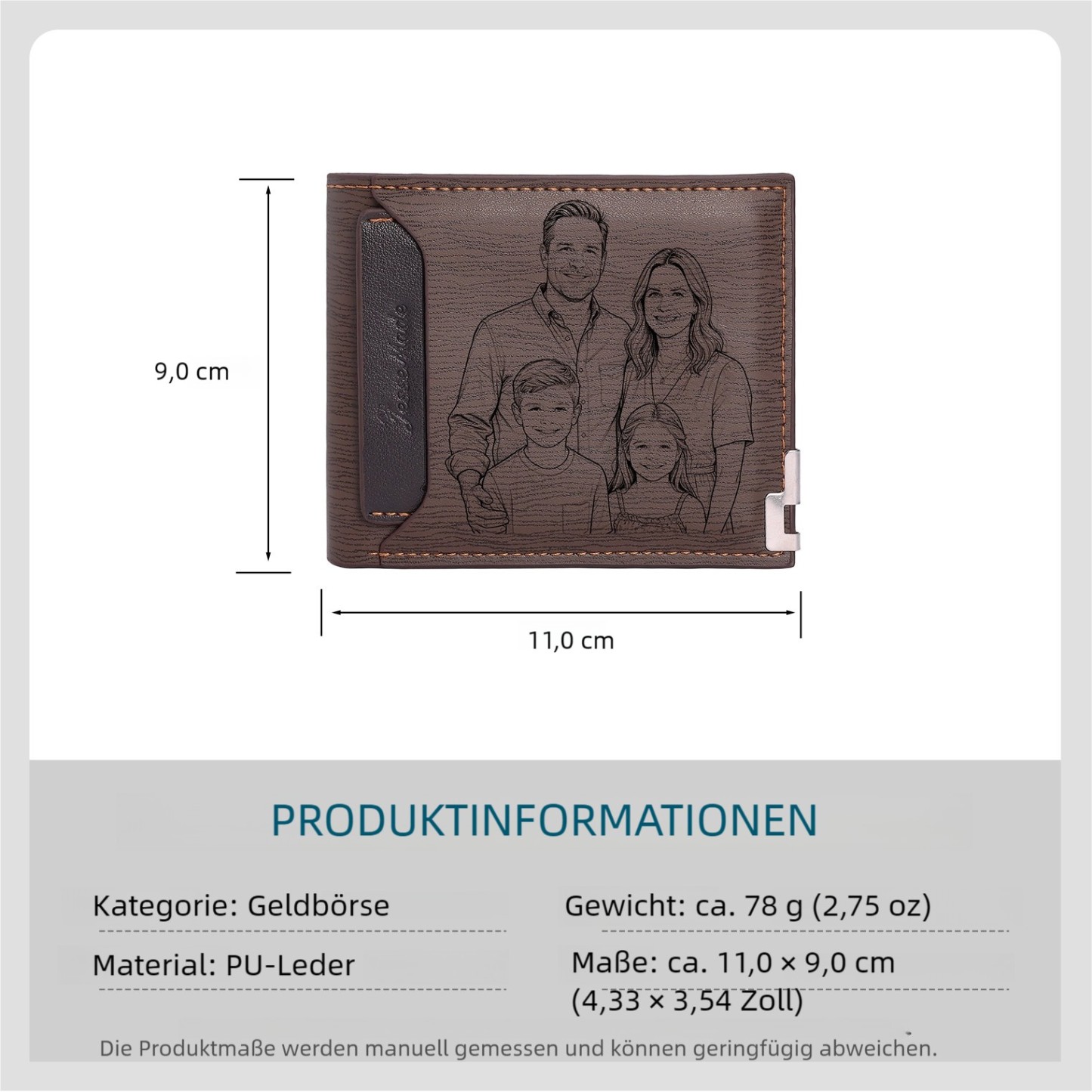 Personalisierte Herren‑Geldbörse mit Foto‑Gravur oder Monogramm Slim Bifold