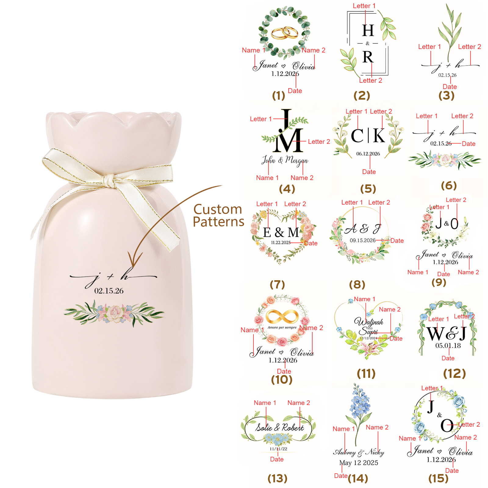 Personalisierte Blumenvase aus Keramik in Rosa mit Blumenmotiv Hochzeitsgeschenk oder Geschenk zum Jahrestag für Paare
