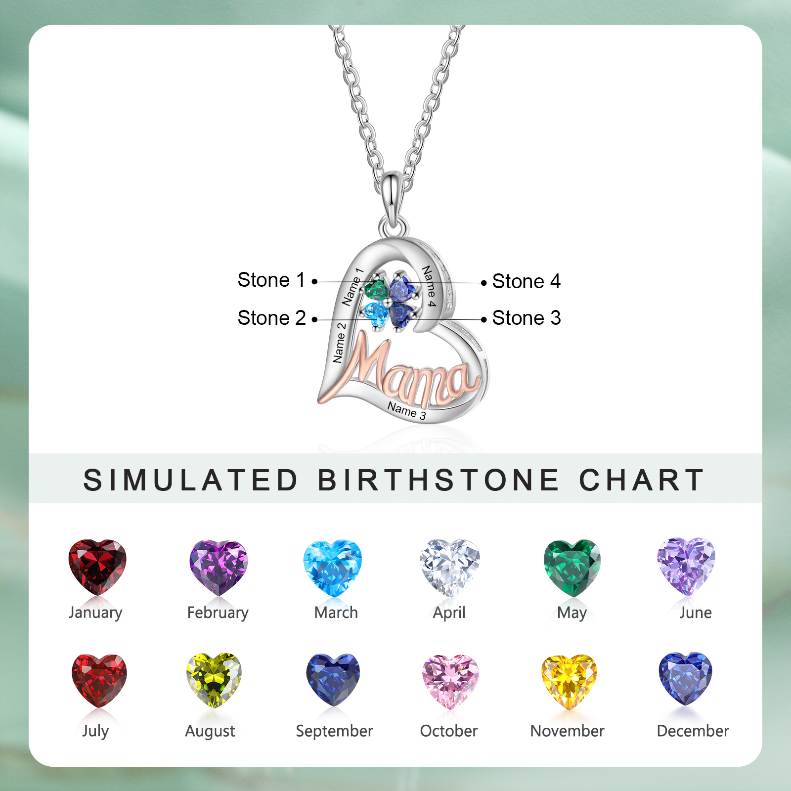 Personalisierte Mama-Herz-Namenskette mit 1-5 Geburtssteinen