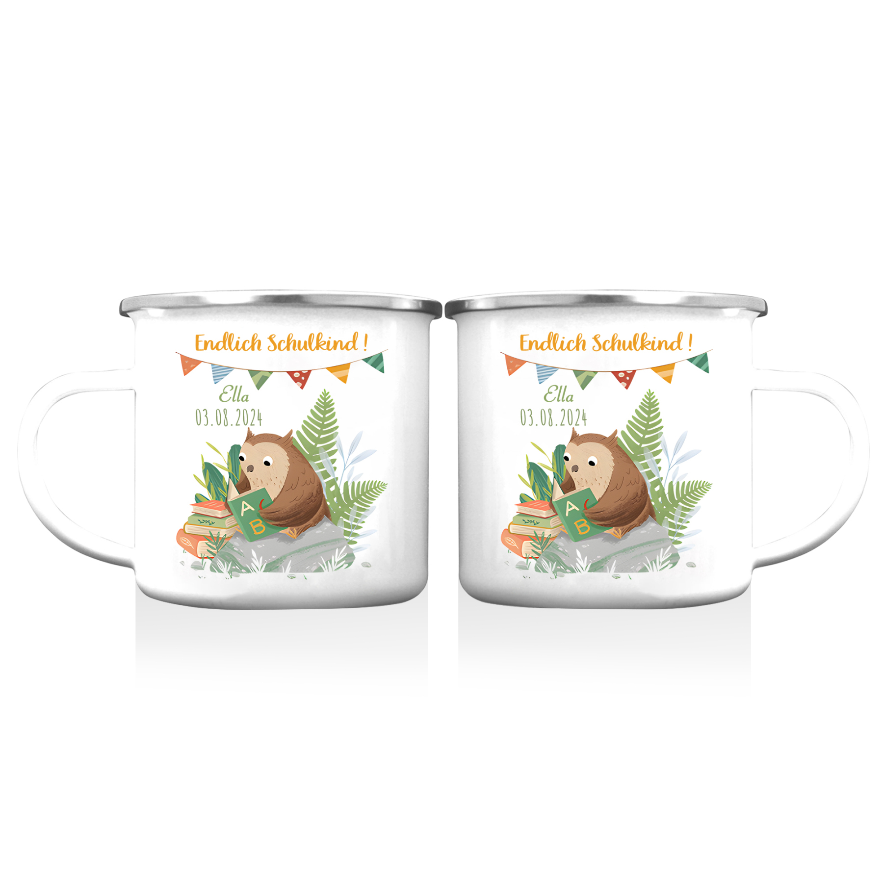 [Copy]Emaille Tasse-Personalisierter Name & Datum Becher - Hurra endlich bin ich ein Schulkind - Geschenk zum Schulanfang