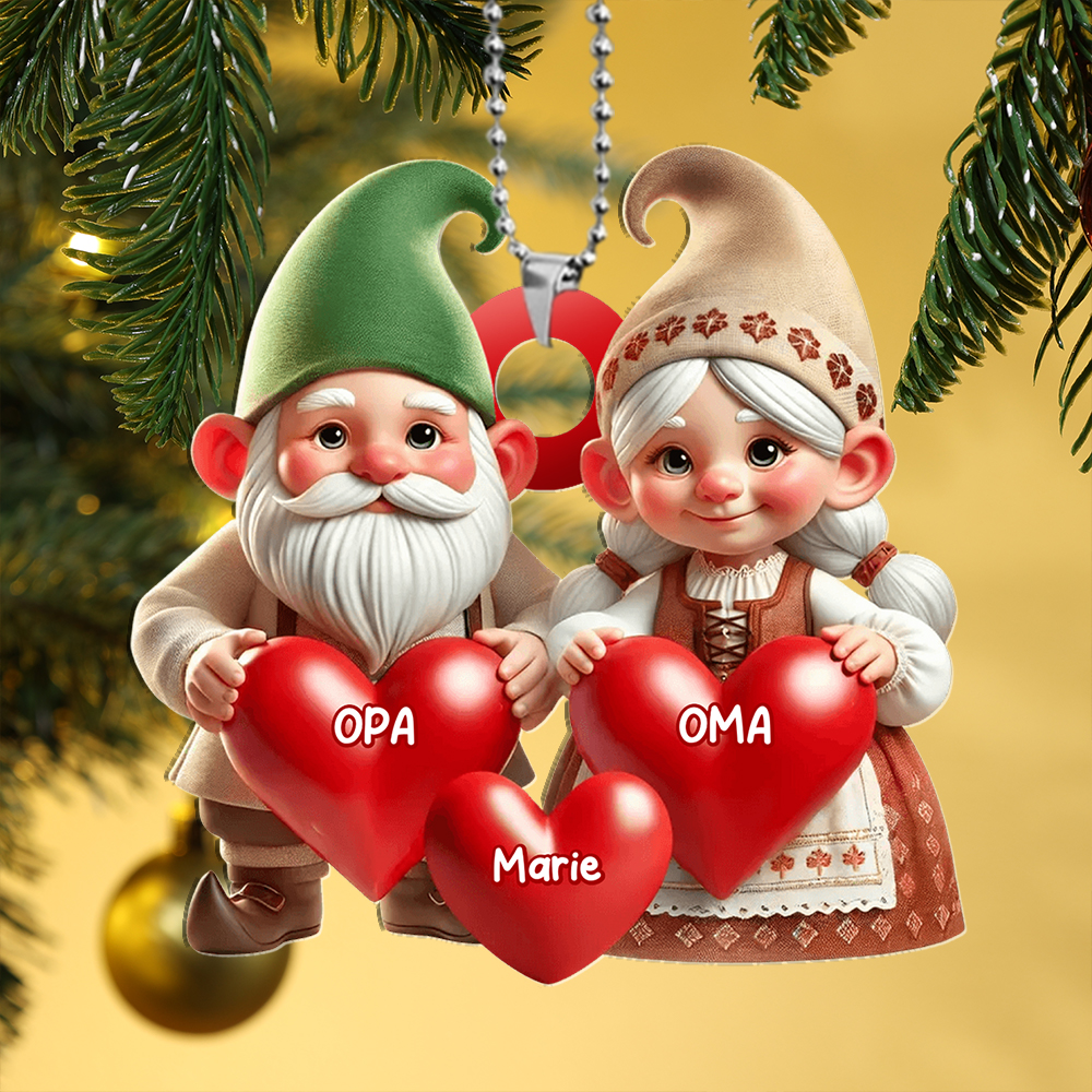 Personalisierter Weihnachtsbaumschmuck mit Herzen und Namen – Wichtel-Familie
