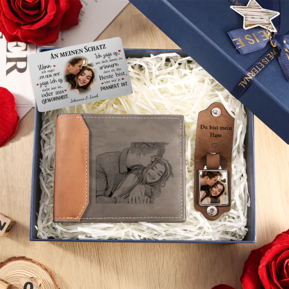 Personalisiertes Foto & Name & Buchstabe Herren Geldbörse & Foto & 2 Texte Geldbörse Karte & Foto & Text Schlüsselanhänger Geschenkbox Set für Mann/ Freund