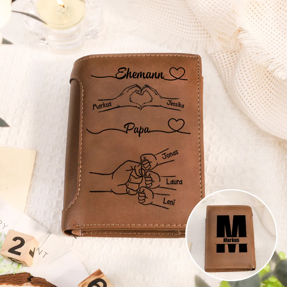 Herren Personalisierte 3-10 Namen PU-Leder-Geldbörse Papa & Mama & Kinder mit Herz & Faustbump-Gesten - Geschenk für Papa/ Ehemann