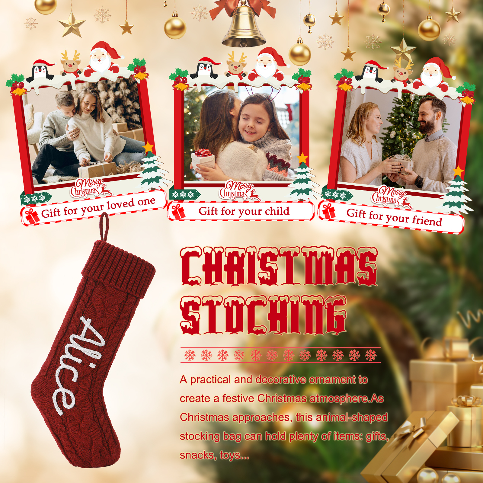 Personalisierter gestrickter Weihnachtsstrumpf mit Namen – Nikolausstiefel für Kinder & Familie