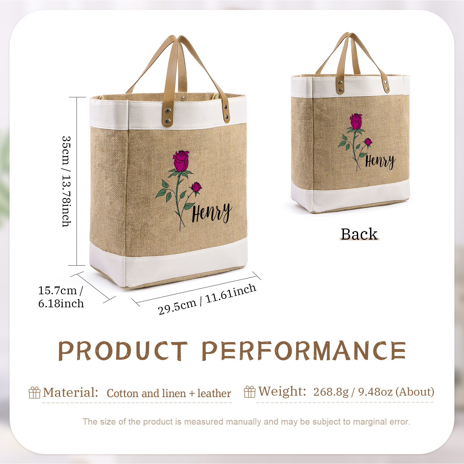 Personalisierter 1 Name & Geburtsblume & Buchstabe Handtasche aus Baumwolle und Leinen