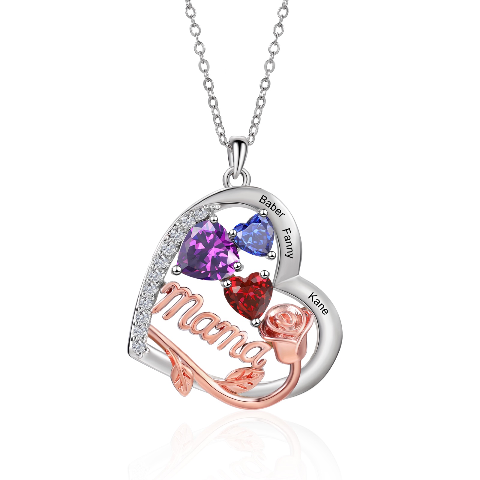 Personalisierte Rosen-Halskette mit Herz und Geburtsstein für Mama