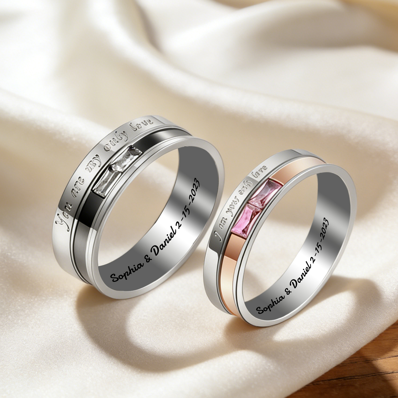 Personalisierte Partner-Ringe – Ringe aus Titanstahl mit Gravur und rechteckigem Stein