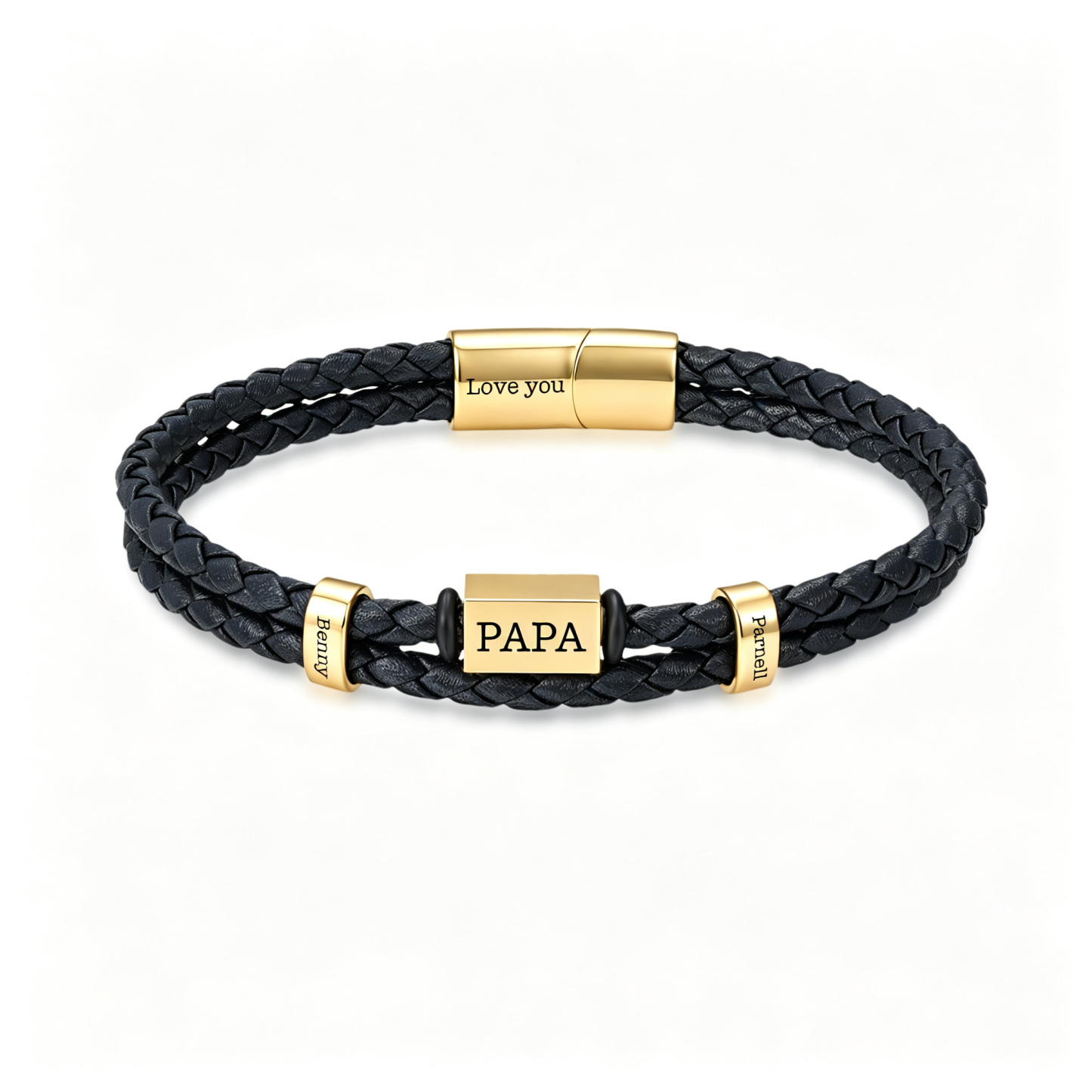 Personalisiertes Herrenarmband aus geflochtenem Kunstleder mit 1–6 Namen und persönlicher Gravur – besonderes Geschenk für Papa, Ehemann, Freund oder Opa zum Geburtstag und Vatertag | Jessemade