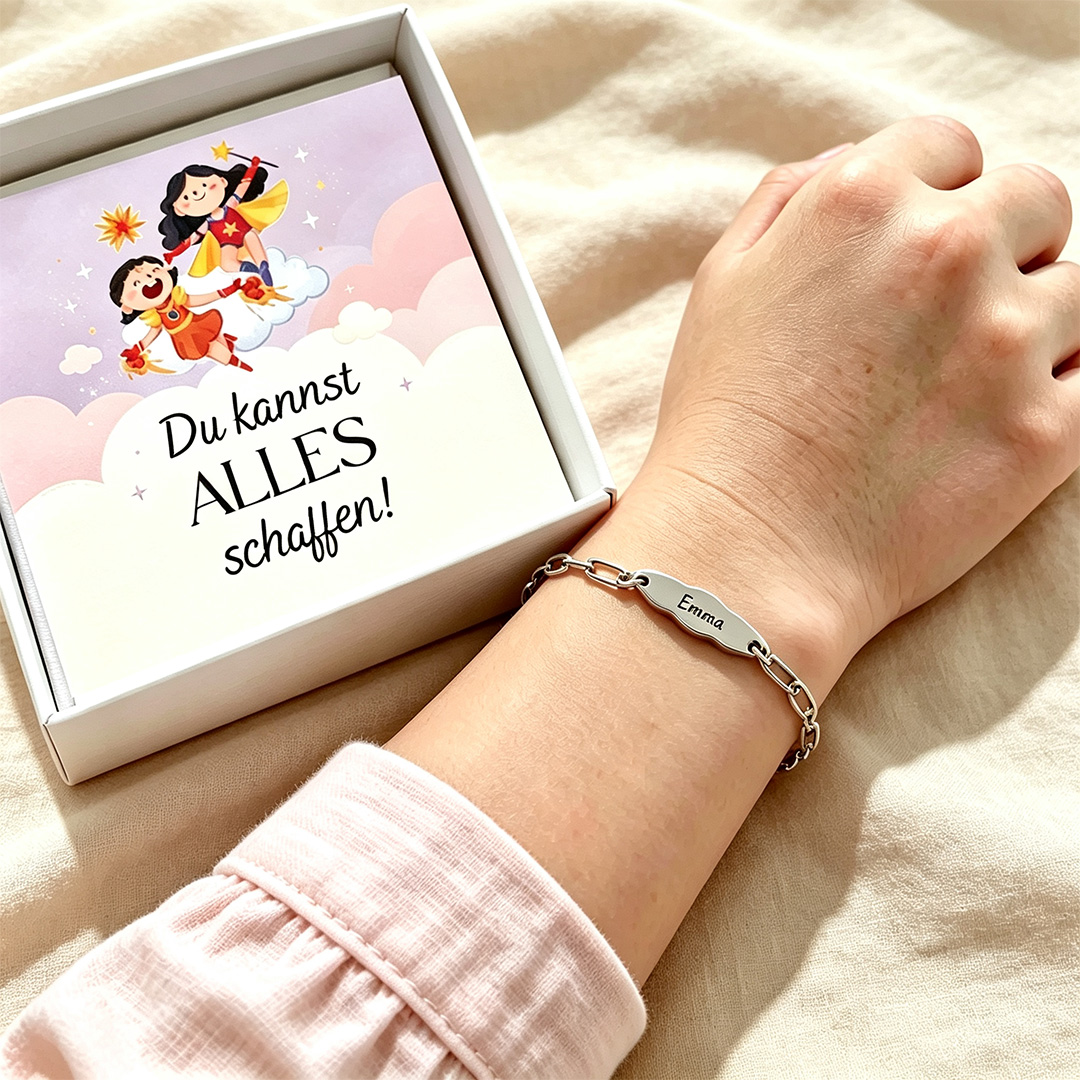 Personalisiertes Kinderarmband mit Namen Edelstahl-ID-Armband mit Mutmachkarte