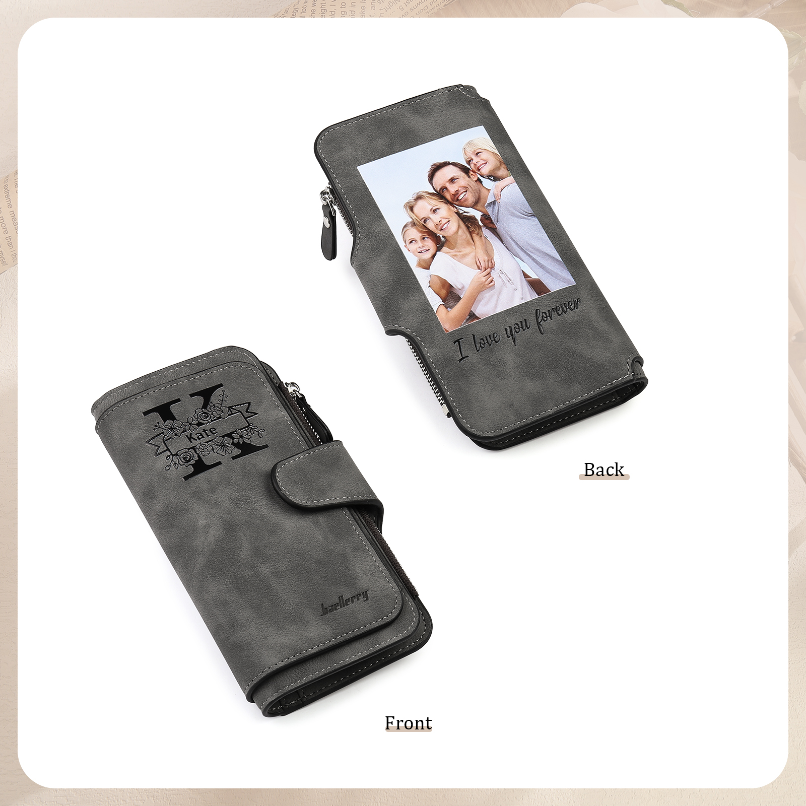 Damen Personalisierter Name & Buchstabe & Foto & Text PU Leder Geldbörse Langes Portemonnaie mit Reißverschluss