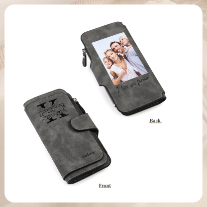 Damen Personalisierter Name & Buchstabe & Foto & Text PU Leder Geldbörse Langes Portemonnaie mit Reißverschluss