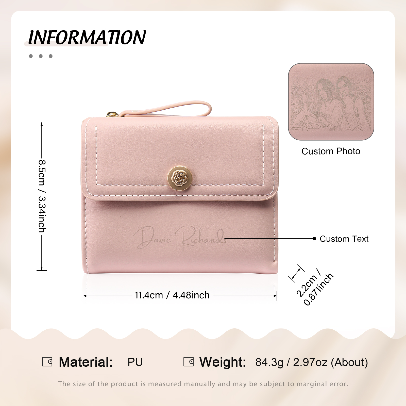 Damen Personalisierter Text & Foto PU Leder Klapp-Portemonnaie Geldbörse mit Reißverschluss