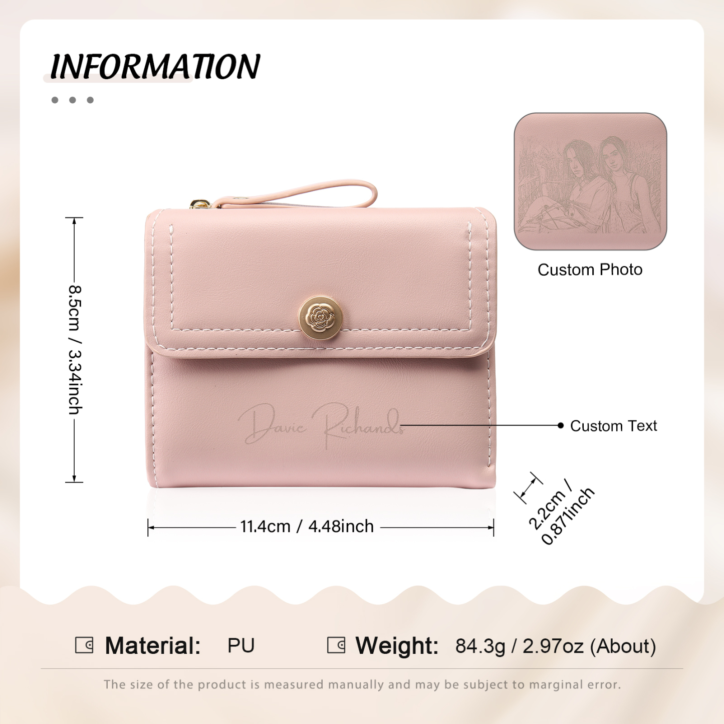 Damen Personalisierter Text & Foto PU Leder Klapp-Portemonnaie Geldbörse mit Reißverschluss