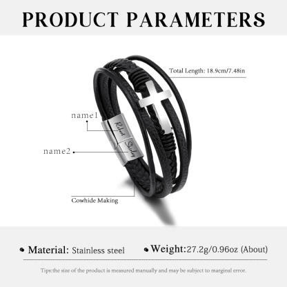 Herren Armband-Personalisiertes 2 Namen Leder Kreuz Kommunion Armband 