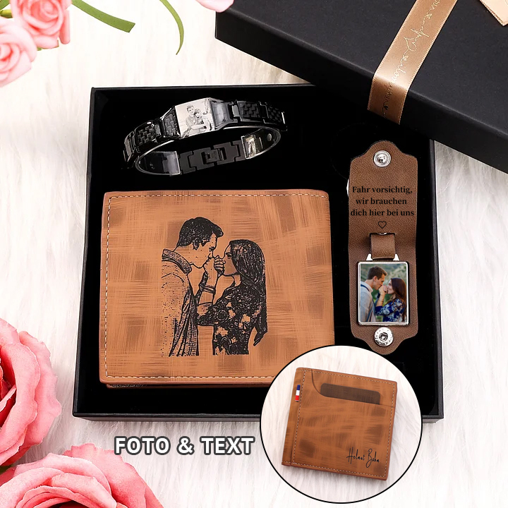 Personalisierte Foto & Text Geldbörse & Foto & 2 Texte Leder Schlüsselanhänger & Foto Armband Geschenkpackung Geschenkset für Mann Freund