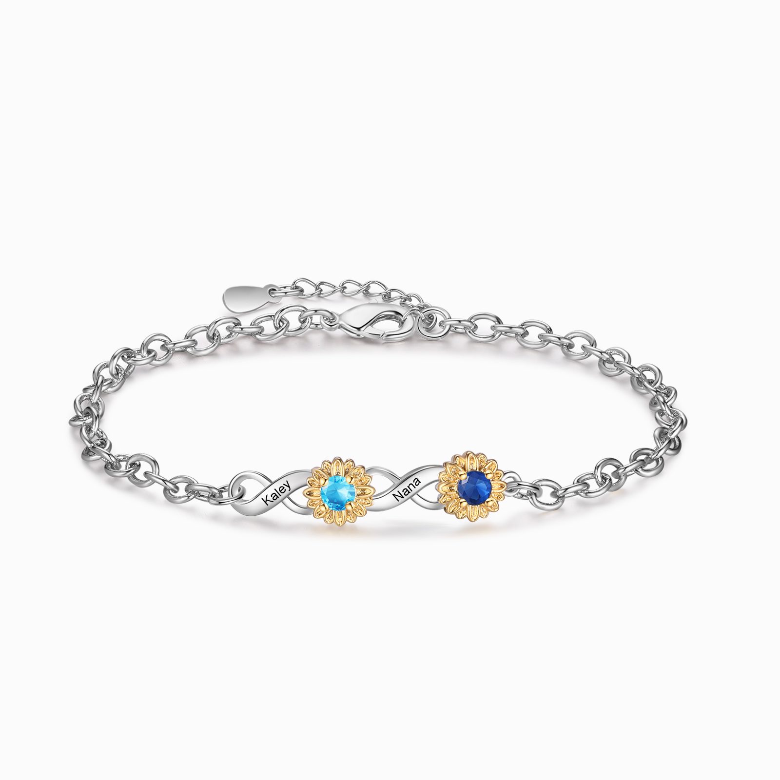 Personalisierte Sonnenblume Infinity Armband mit 2-4 Namen & Geburtssteinen