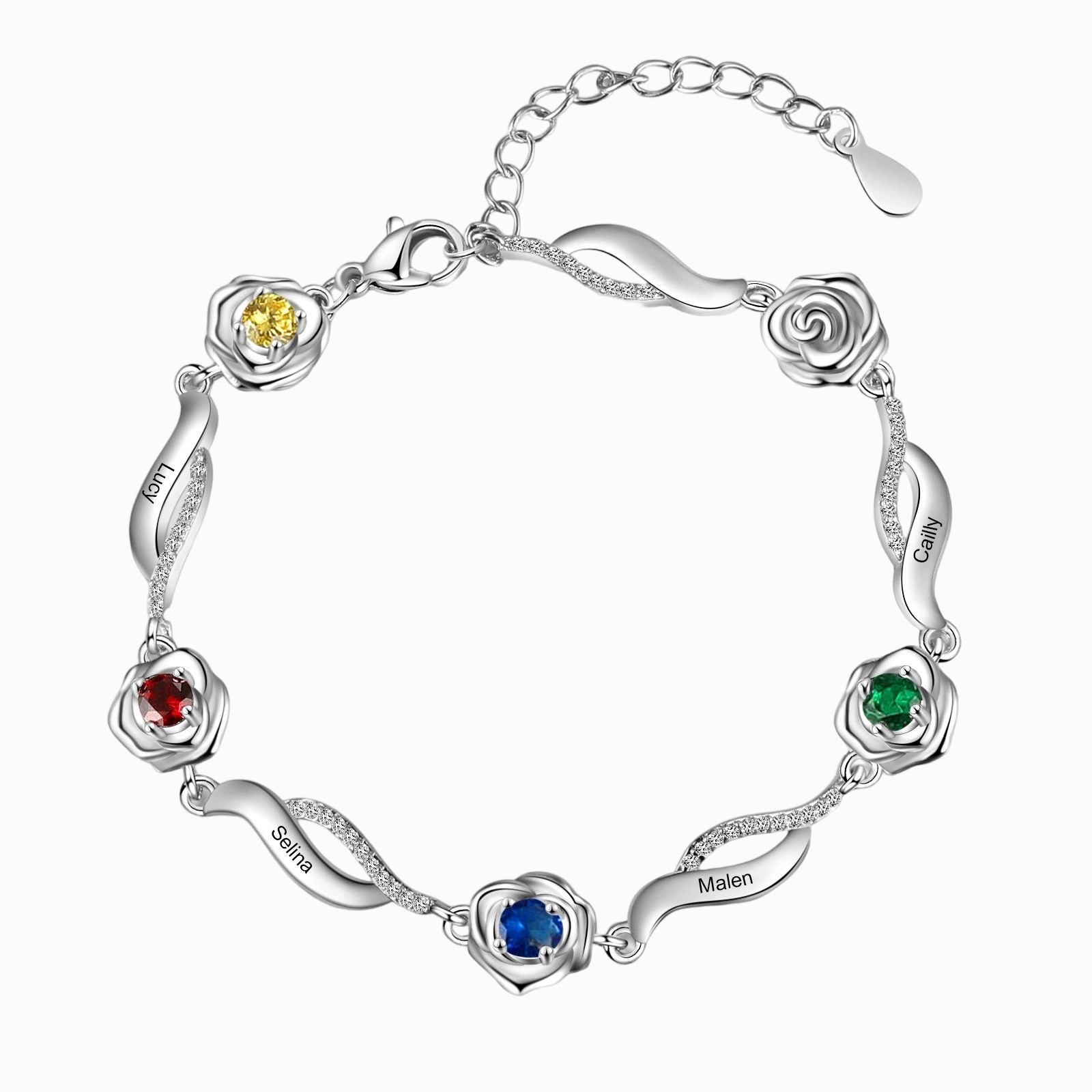 Personalisierte Rosenarmband mit 1-5 Namen und Geburtssteinen – Liebevolles Geschenk für Mama
