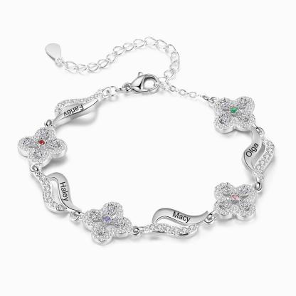 Personalisierte 2-4 Namen & 2-4 Geburtssteine Blume Welle Armband mit Zirkonia
