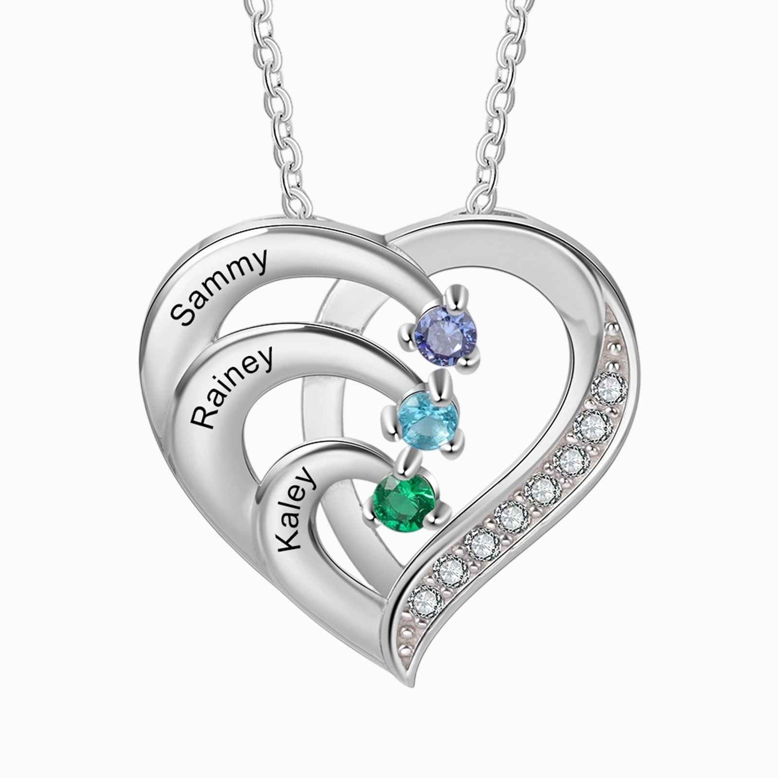 925 Sterling Silber Personalisierte 3 Namen Herz Halskette mit 3 Geburtssteinen