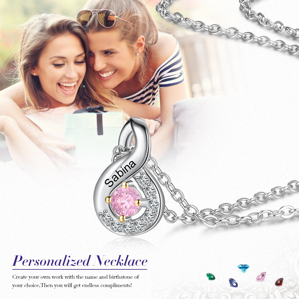 S925 Silber Gravur 1 Name Infinity Halskette mit 1 Geburtsstein
