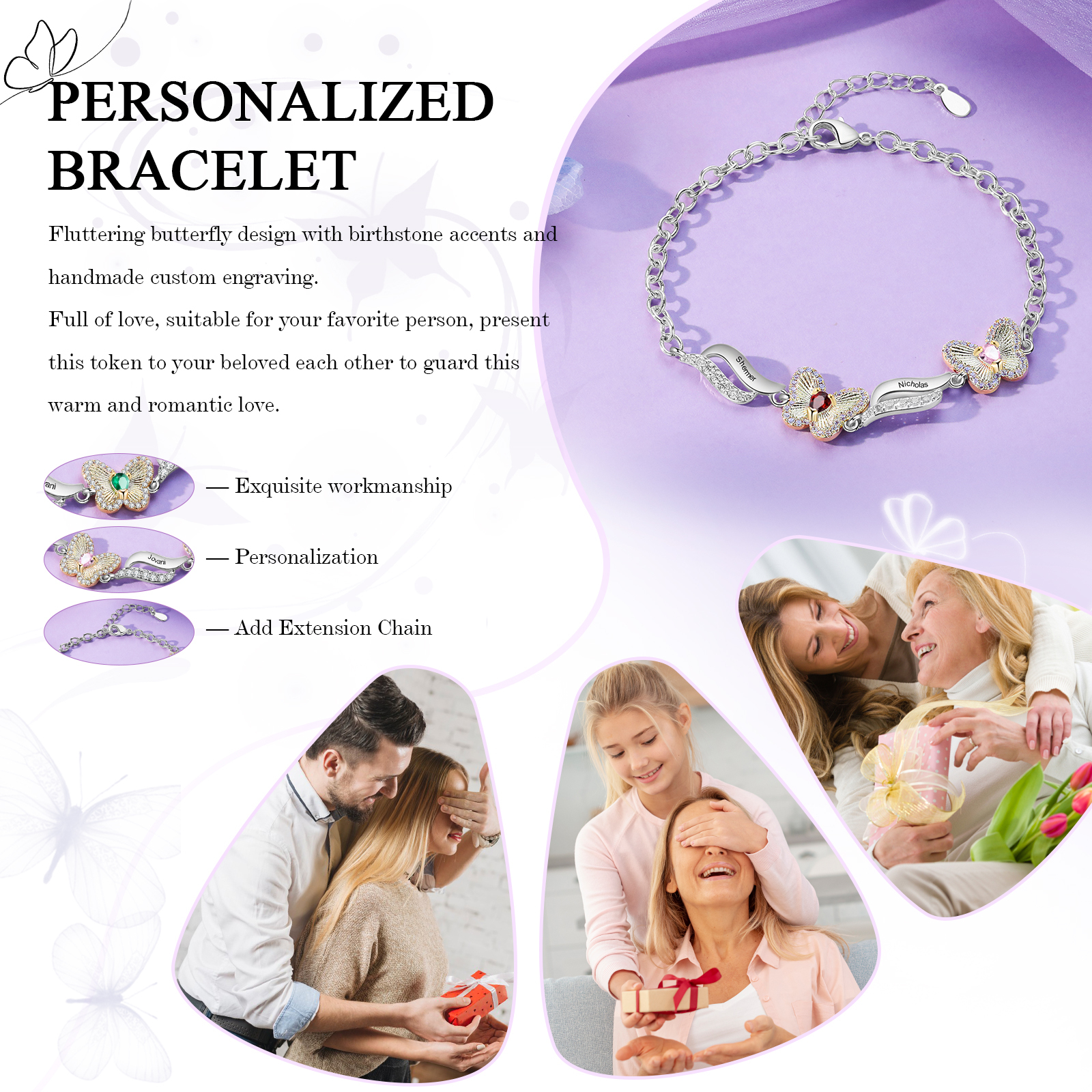 Personalisierte 2 Namen & 2 Geburtssteine Schmetterling Armband mit Zirkonia