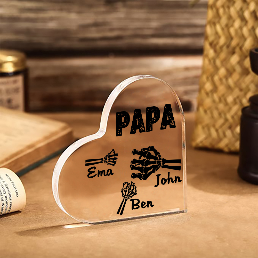 Personalisierte 3 Namen Acryl-Deko Papa Skelett Hand Schreibtischdekoration für Vater