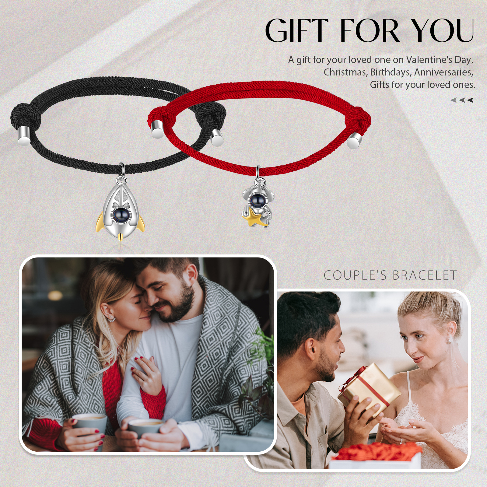 Personalisierte Foto Raumfahrer Rakete Projektion Armbänder Set für Paare