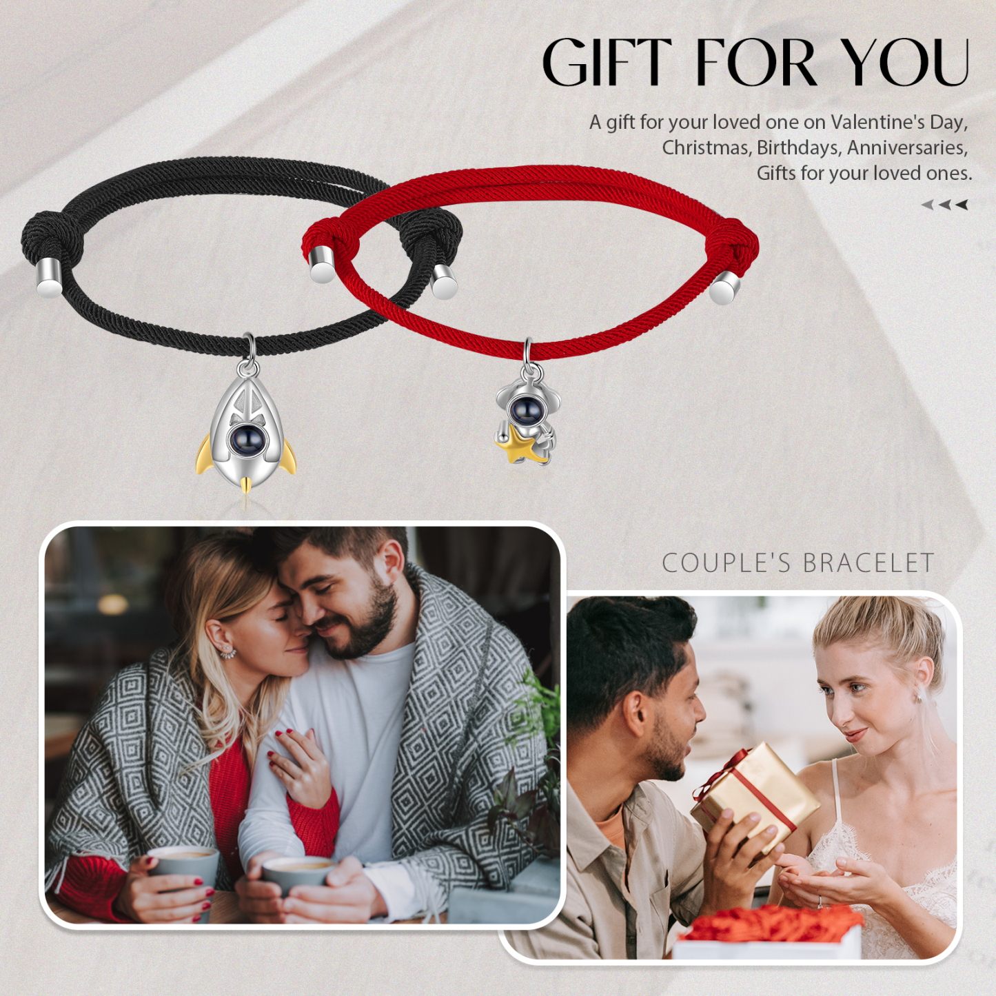 Personalisierte Foto Raumfahrer Rakete Projektion Armbänder Set für Paare